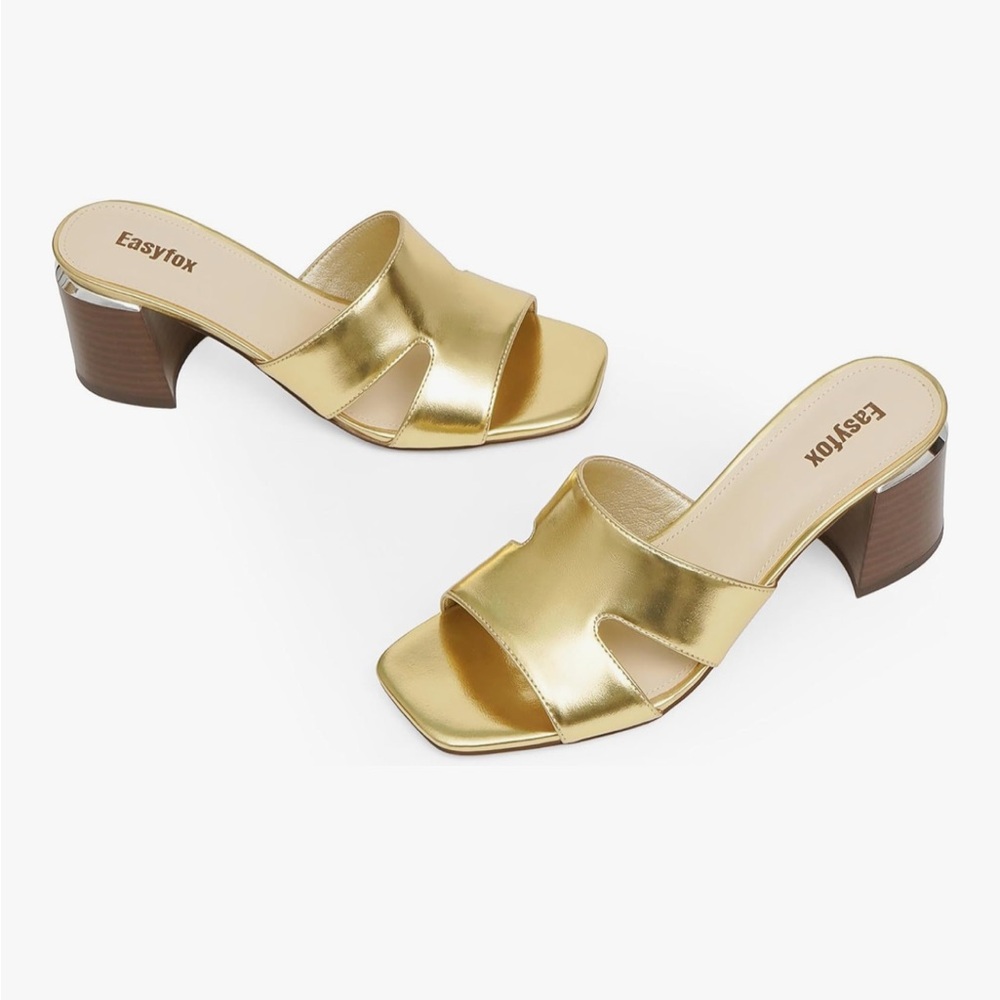Gold Women’s Open-Toe Chunky Heeled Mules - Picture 6 of 9